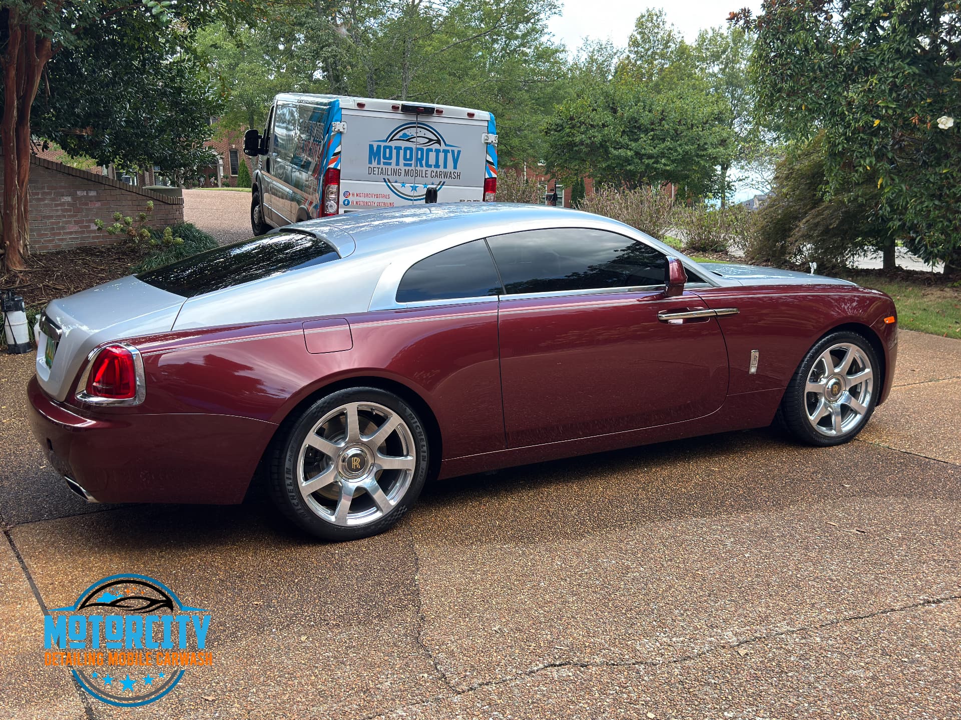 Rear three-quarter view of a Rolls-Royce Wraith after exterior detailing